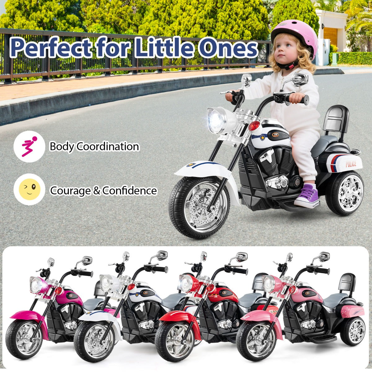 LIVSK Kindermotorfiets Politie - 3 Wielen voor Stabiliteit - Heldere Koplampen - Vooruit en Achteruit - Tot 30 kg - Politiewit