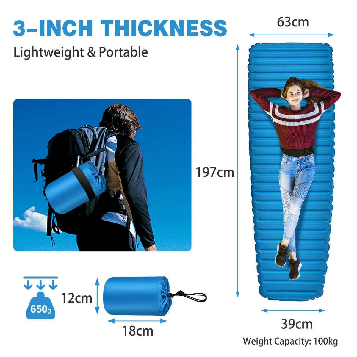 LIVSK Lichtgewicht Opblaasbaar Campingmatras - Waterdicht en Scheurvast - Draagvermogen 100 kg - 197 x 63 x 7 cm - Blauw