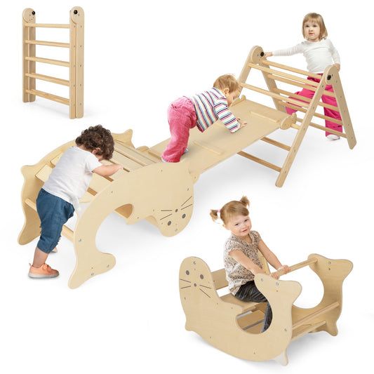 Livsk costway 7 in 1 binnen klimspeelgoed voor kinderen houten omkeerbare schans zeeleeuwen schommelstoel speeltafel kruiptunnel montessori klimset natuur