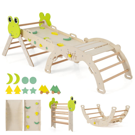 Livsk costway 7 in 1 driehoekige klimset houten montessori klimset met kikker thema naturel