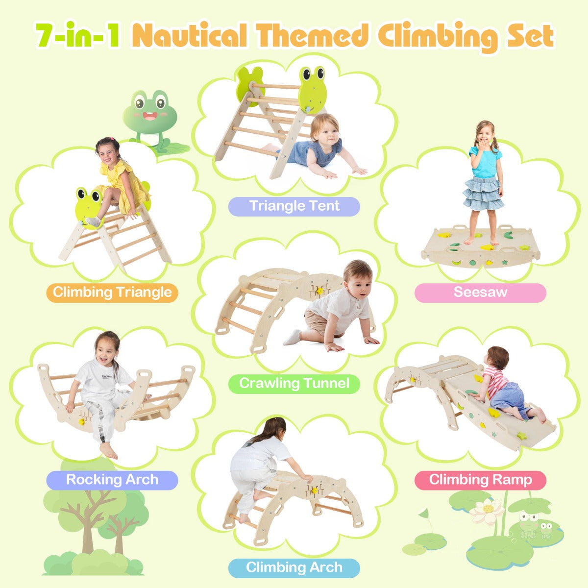 Livsk costway 7 in 1 driehoekige klimset houten montessori klimset met kikker thema naturel 2