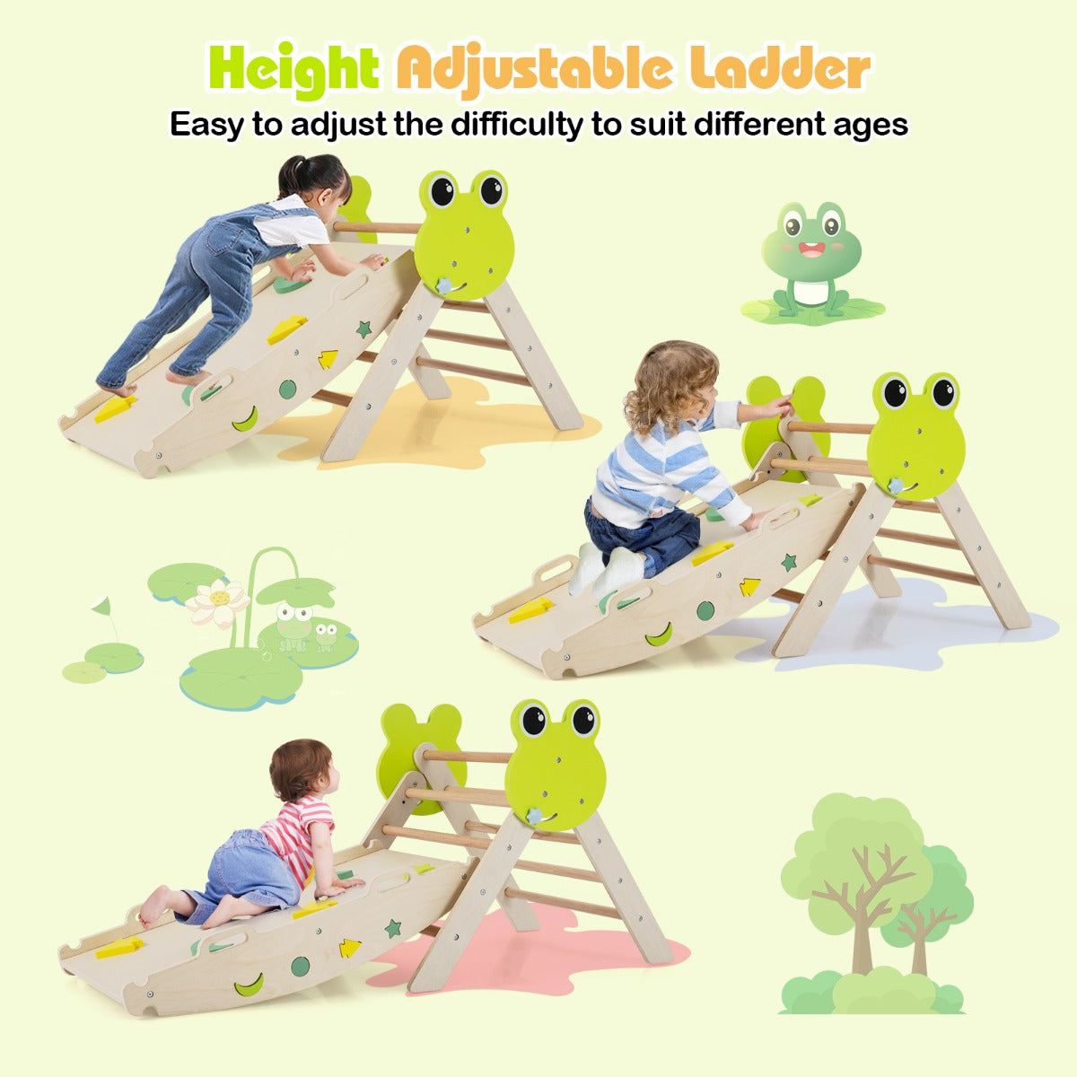 Livsk costway 7 in 1 driehoekige klimset houten montessori klimset met kikker thema naturel 3