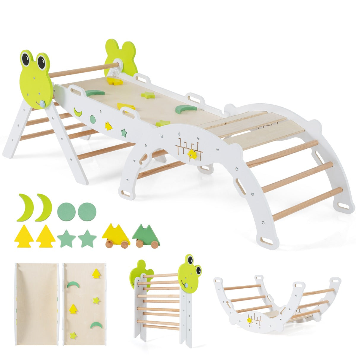 Livsk costway 7 in 1 driehoekige klimset houten montessori klimset met kikker thema wit 1 1
