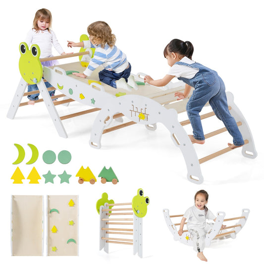 Livsk costway 7 in 1 driehoekige klimset houten montessori klimset met kikker thema wit