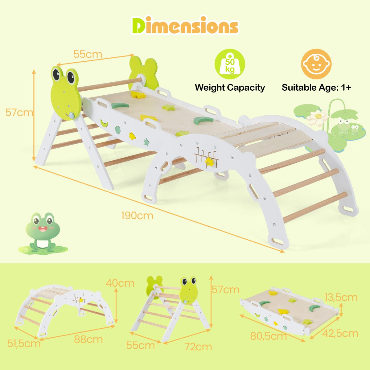 Livsk costway 7 in 1 driehoekige klimset houten montessori klimset met kikker thema wit 2