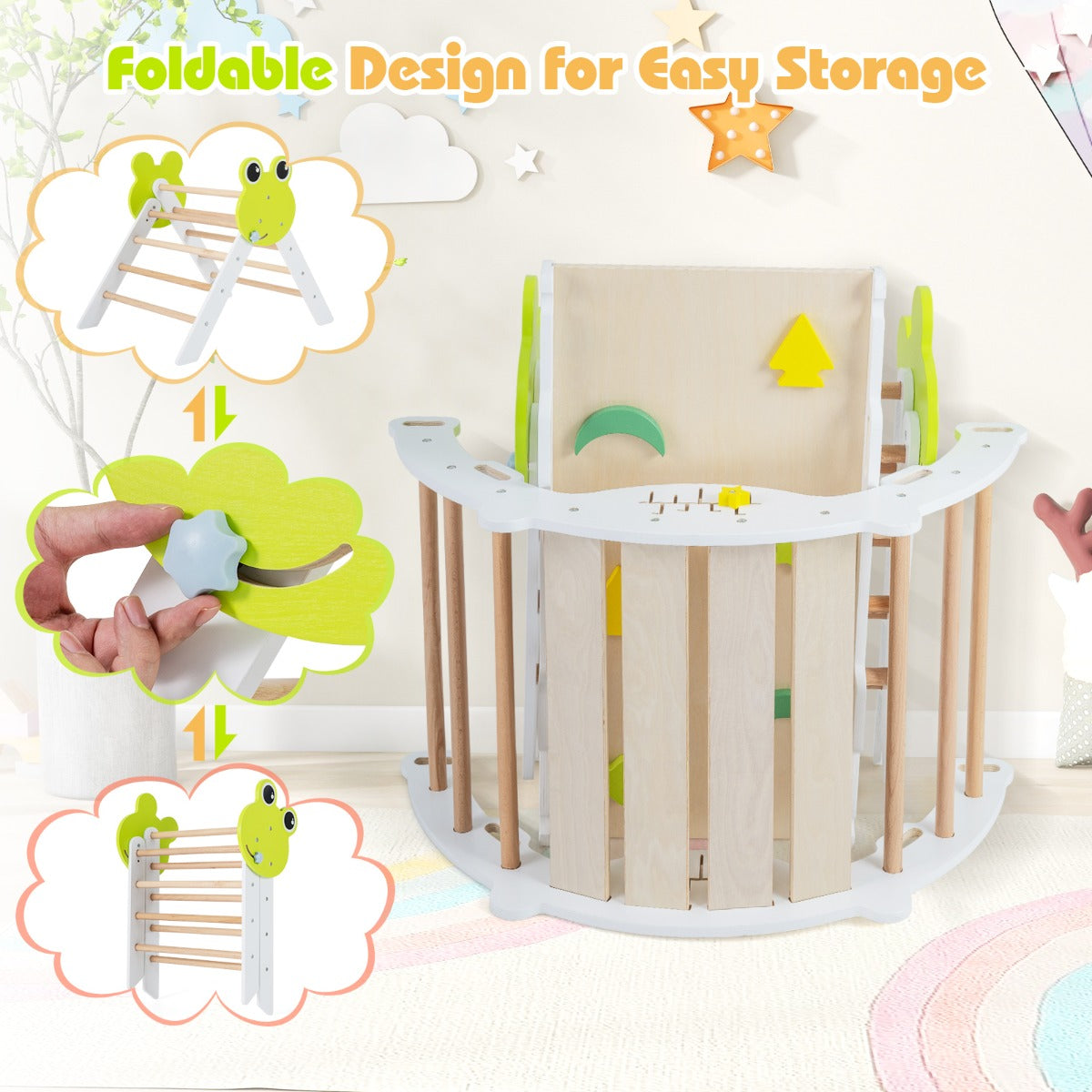 Livsk costway 7 in 1 driehoekige klimset houten montessori klimset met kikker thema wit 4