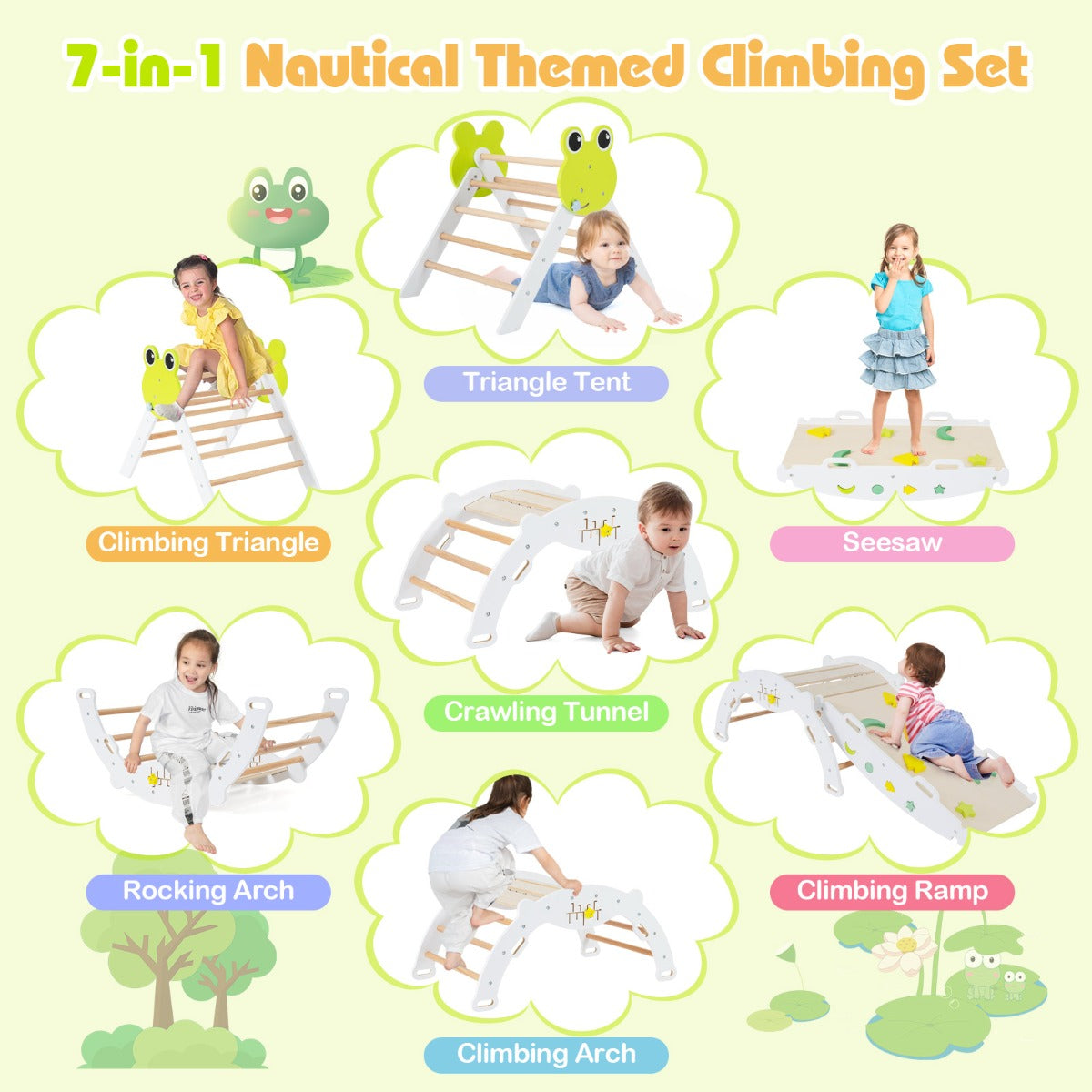 Livsk costway 7 in 1 driehoekige klimset houten montessori klimset met kikker thema wit 5