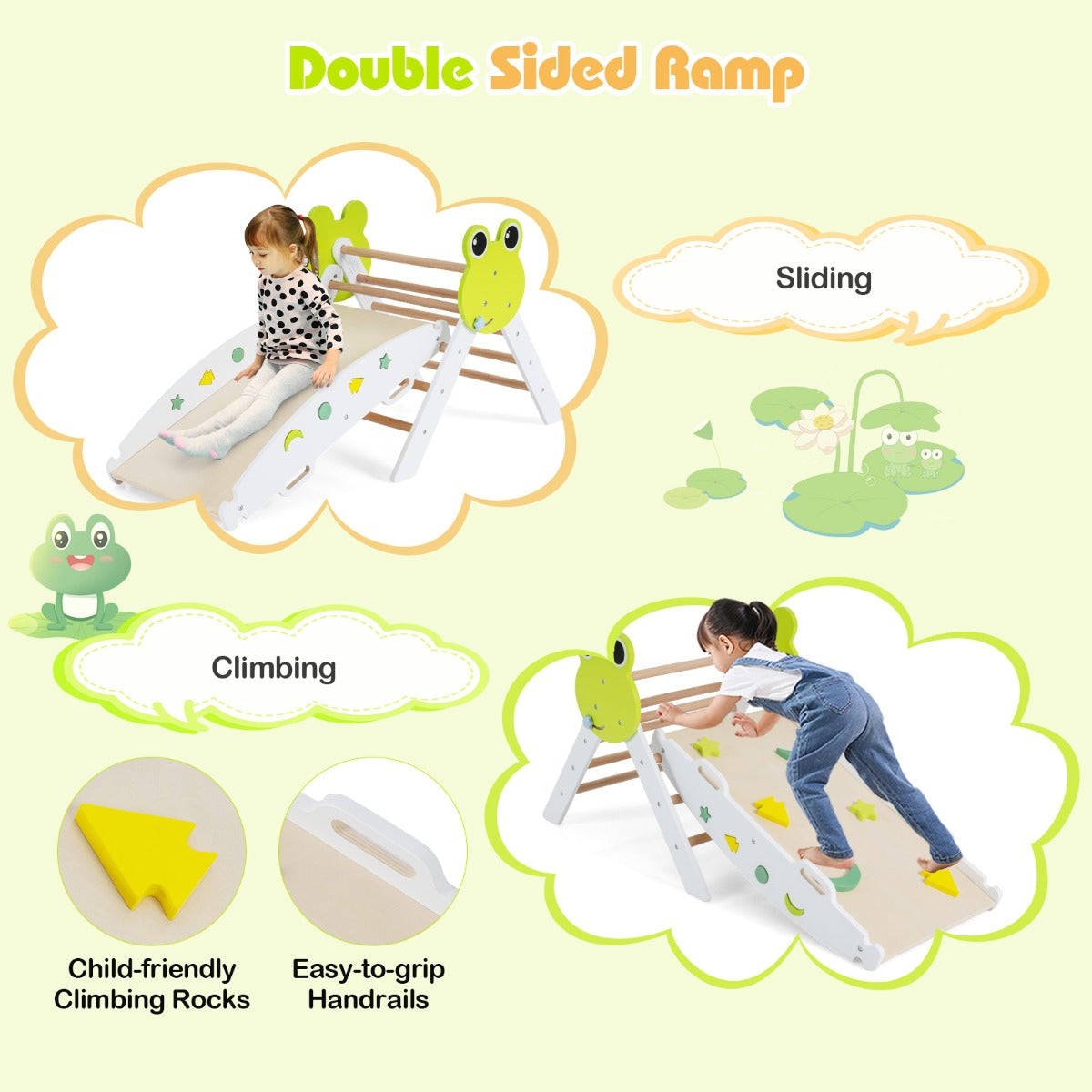 Livsk costway 7 in 1 driehoekige klimset houten montessori klimset met kikker thema wit 6
