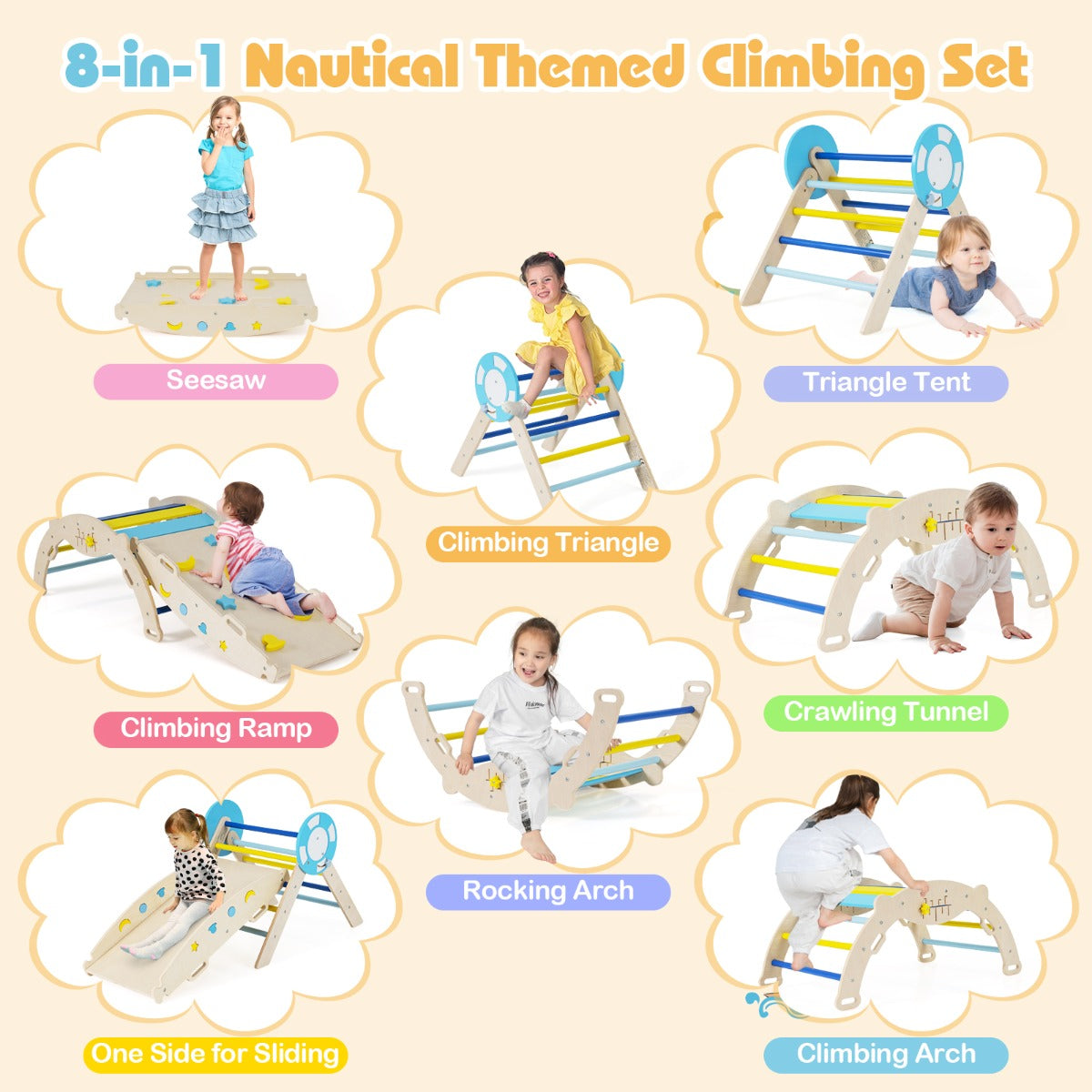 Livsk costway 7 in 1 driehoekige klimset houten montessori klimset met nautisch thema blauw 3 2