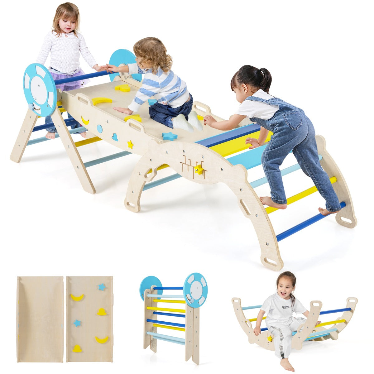 Livsk costway 7 in 1 driehoekige klimset houten montessori klimset met nautisch thema blauw 2