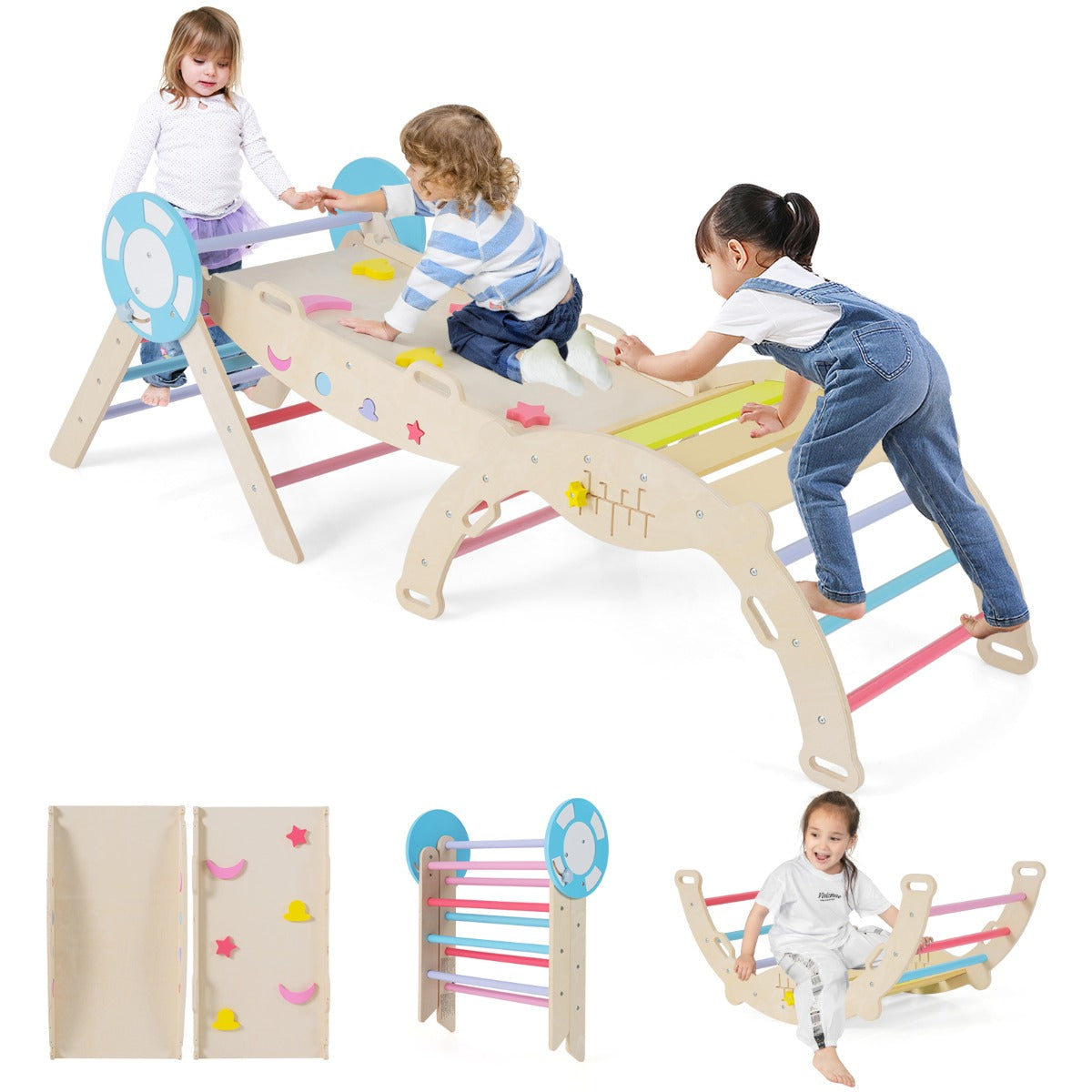 Livsk costway 7 in 1 driehoekige klimset houten montessori klimset met nautisch thema multicolor