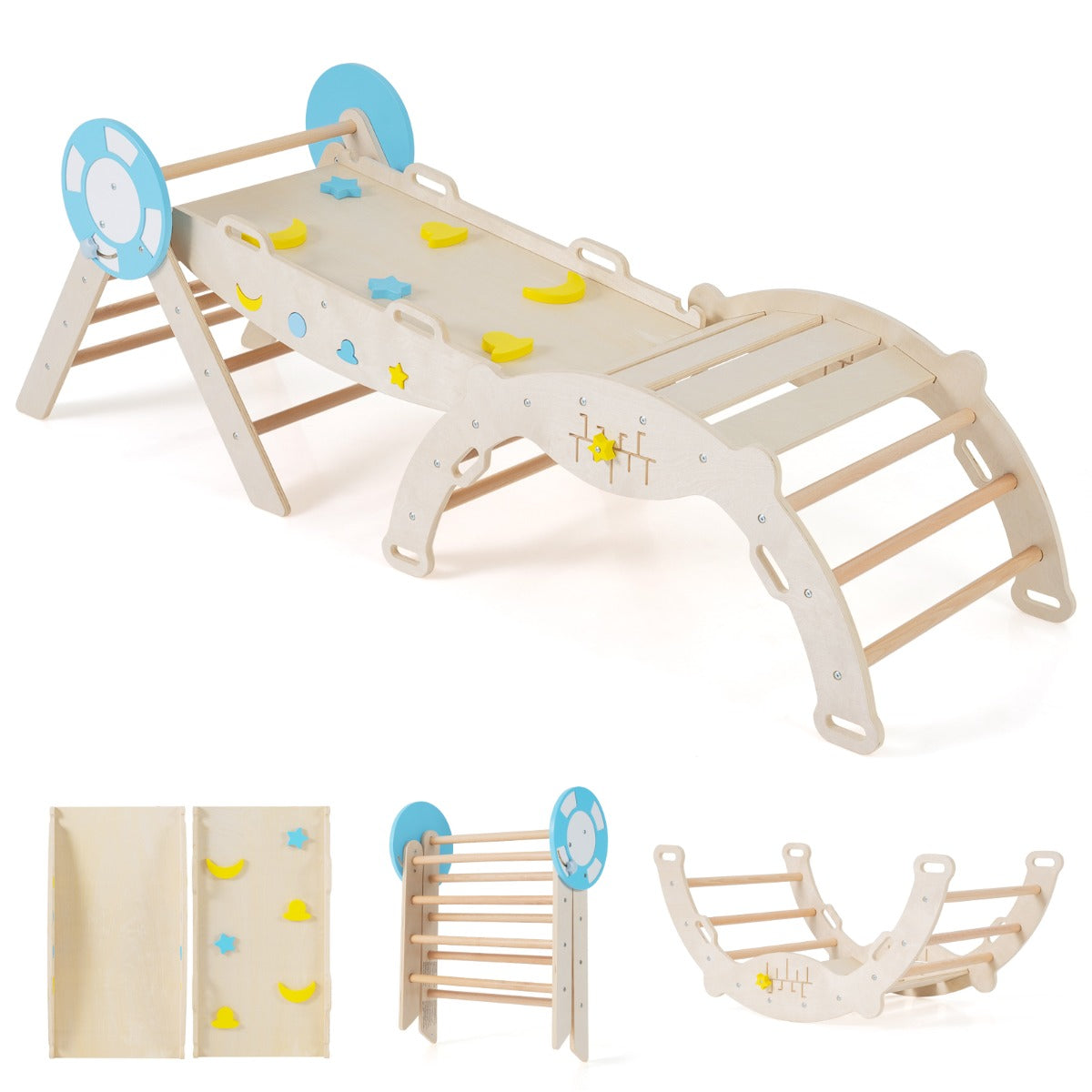 Livsk costway 7 in 1 driehoekige klimset houten montessori klimset met nautisch thema naturel 1 1