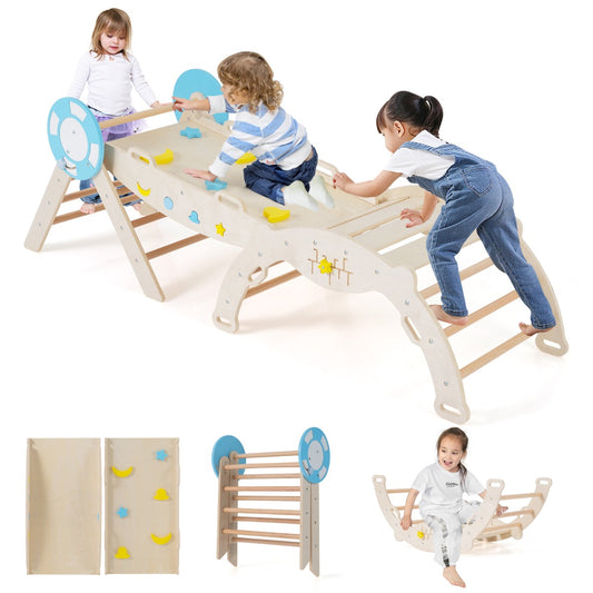 Livsk costway 7 in 1 driehoekige klimset houten montessori klimset met nautisch thema naturel
