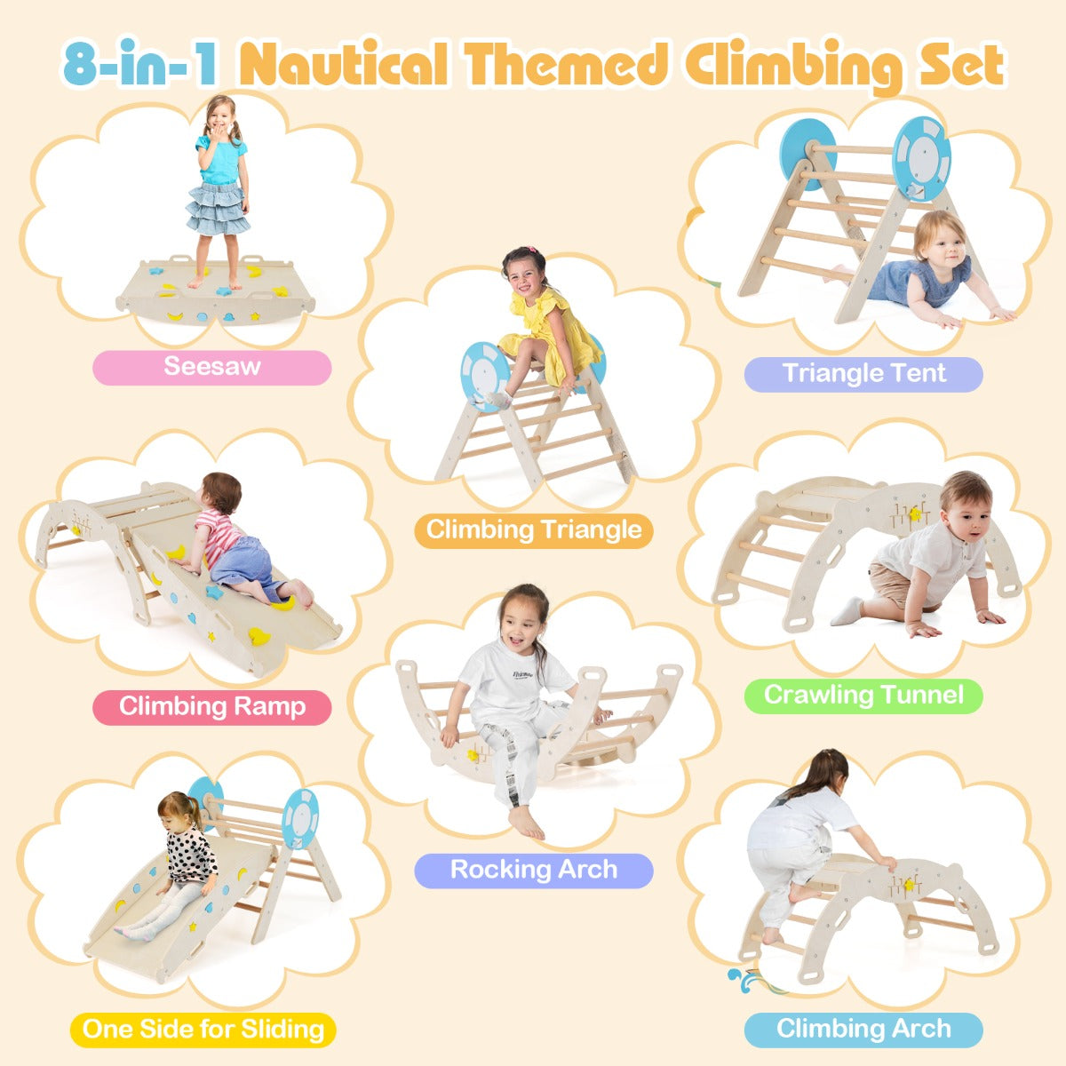 Livsk costway 7 in 1 driehoekige klimset houten montessori klimset met nautisch thema naturel 3