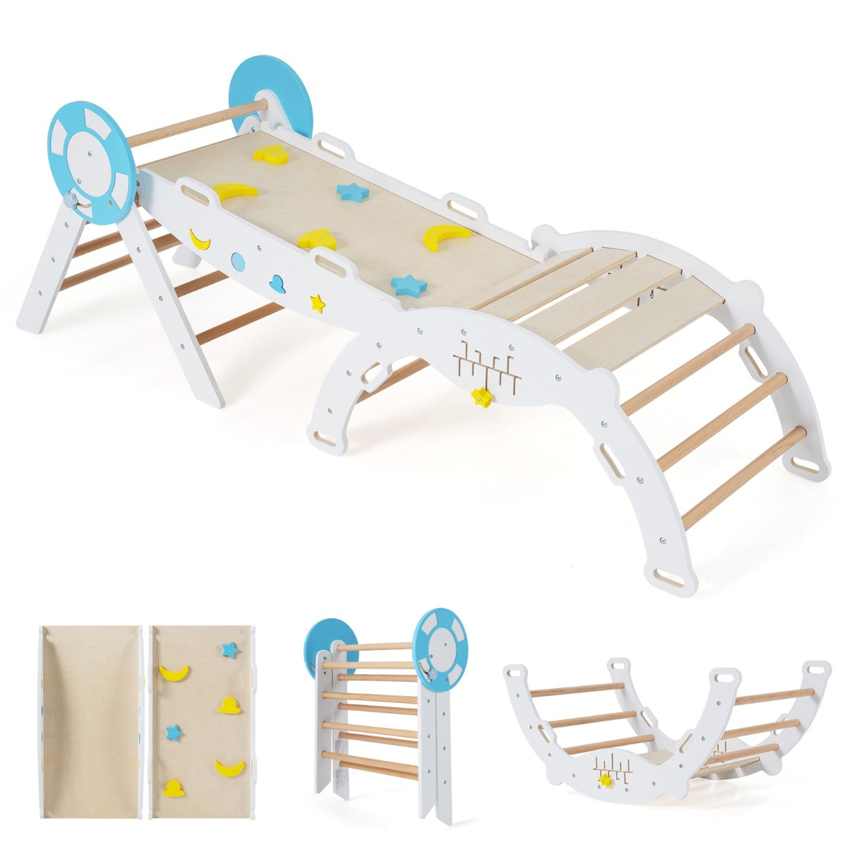 Livsk costway 7 in 1 driehoekige klimset houten montessori klimset met nautisch thema wit 1 1