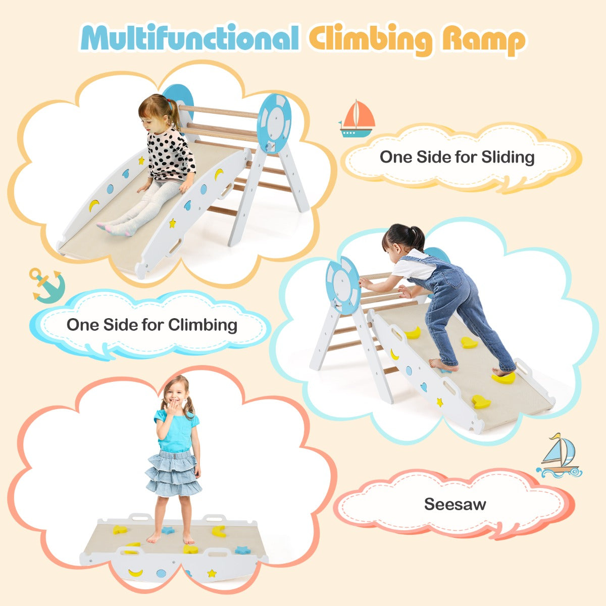 Livsk costway 7 in 1 driehoekige klimset houten montessori klimset met nautisch thema wit 5