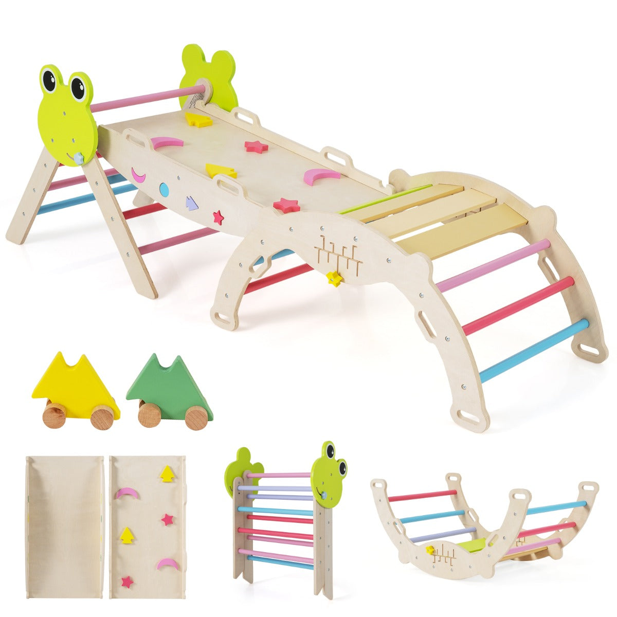 Livsk costway 7 in 1 driehoekige set klimspeelgoed voor peuters met helling ladder en boog houten montessori klimspeelset met kikker thema en doolhofspel