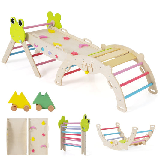 Livsk costway 7 in 1 driehoekige set klimspeelgoed voor peuters met helling ladder en boog houten montessori klimspeelset met kikker thema en doolhofspel