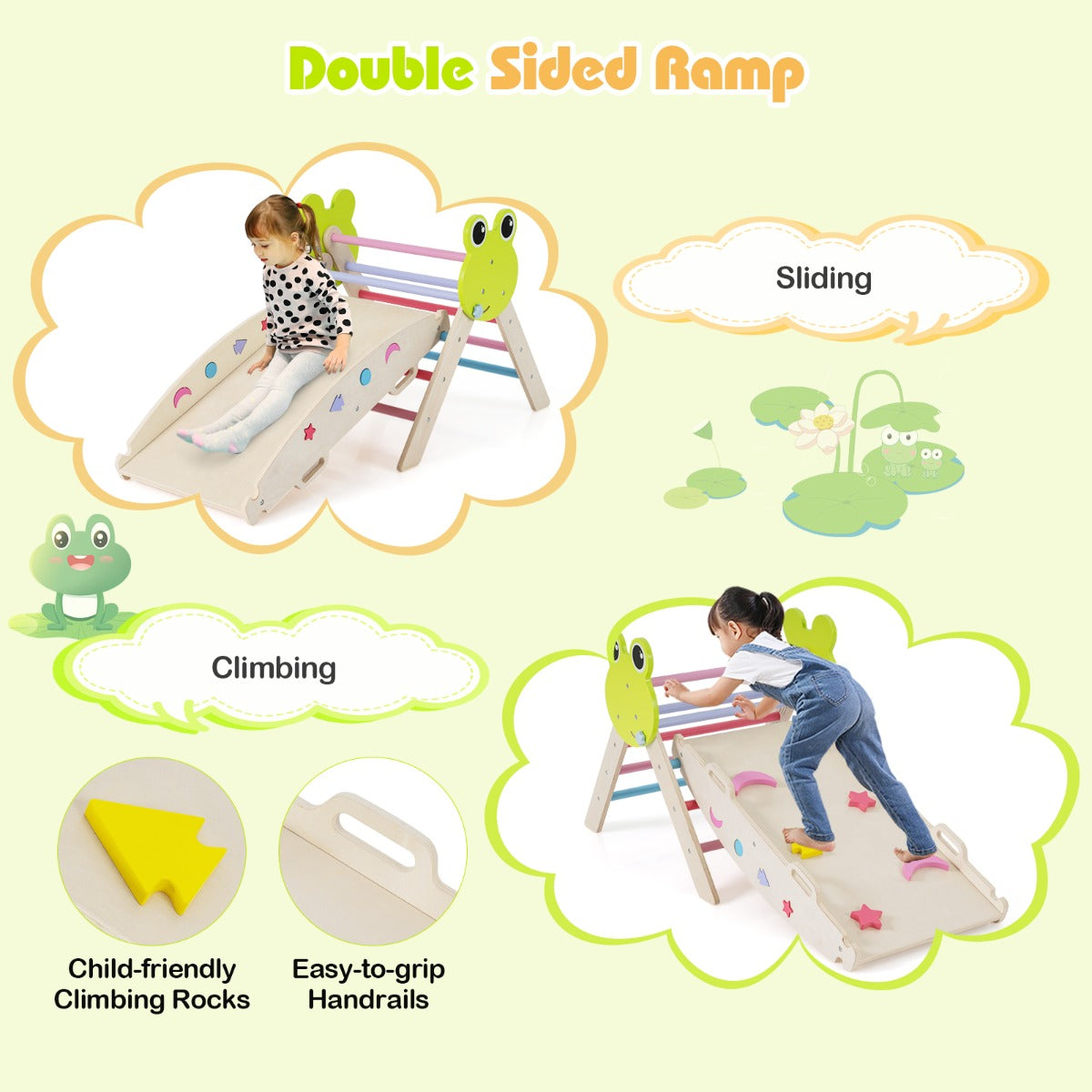 Livsk costway 7 in 1 driehoekige set klimspeelgoed voor peuters met helling ladder en boog houten montessori klimspeelset met kikker thema en doolhofspel 4