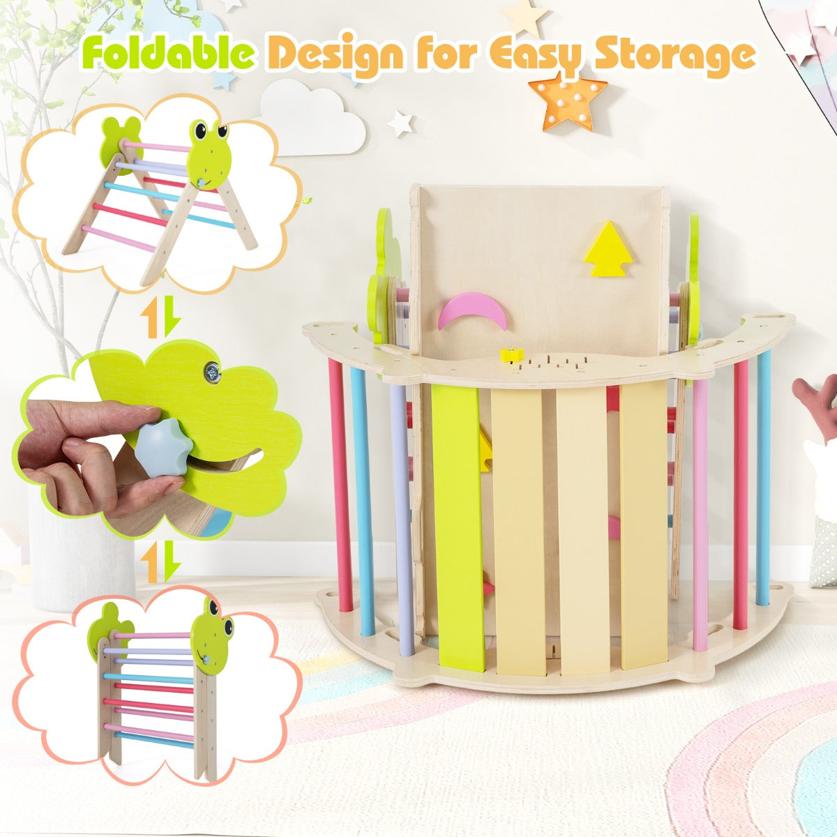 Livsk costway 7 in 1 driehoekige set klimspeelgoed voor peuters met helling ladder en boog houten montessori klimspeelset met kikker thema en doolhofspel 6