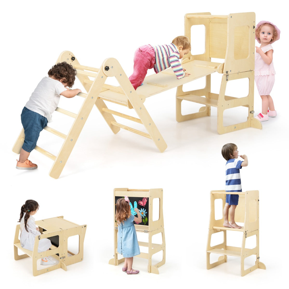 Livsk costway 7 in 1 klimspeelgoedset voor peuters omkeerbare helling omkeerbare opstap tafel en stoel leuke plank binnen klimspel