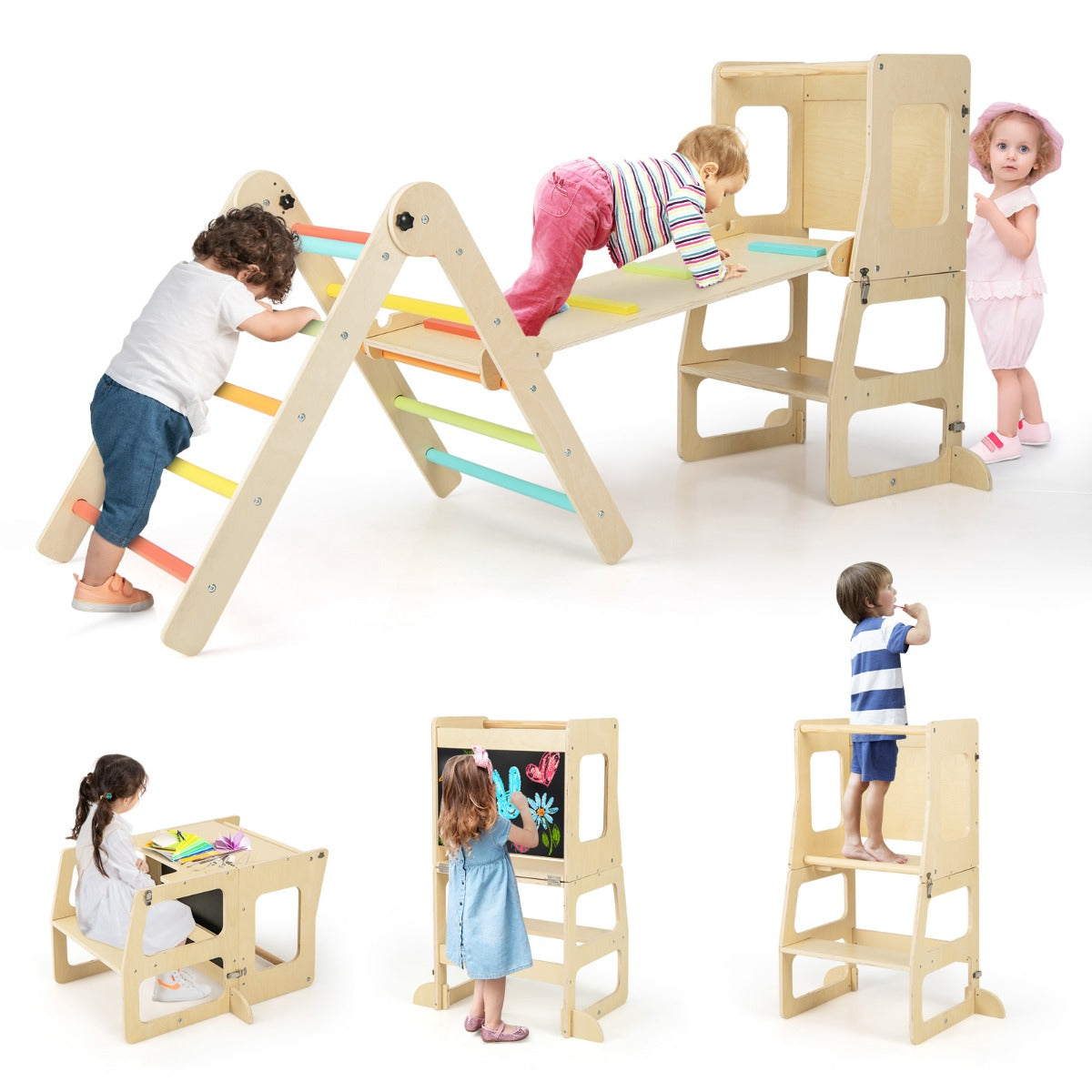 LIVSK 7-in-1 Klimset voor Kinderen - Glijbaan, Klimladder, Tunnel, Leertoren, Tekenbord - Voor 3-4 Jaar - Veelkleurig