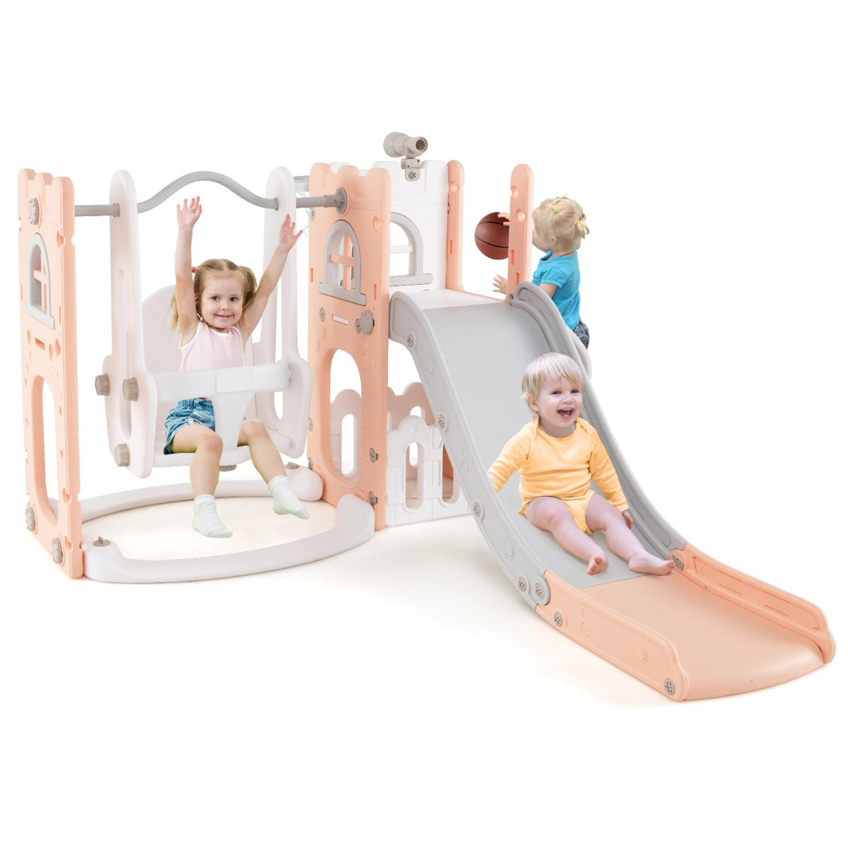 LIVSK 7-in-1 L-vormige Peuterglijbaan Set - Telescoop, Klimrek, Schommel, Basketbalring - Veiligheidsontwerp - Roze en Grijs