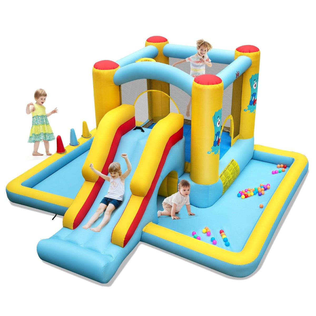 LIVSK 7-in-1 Speelkasteel voor Kinderen - Opblaasbaar met Veilige Gaaswanden - Inclusief Basketbal en Ocean Balls - Tot 90 kg -