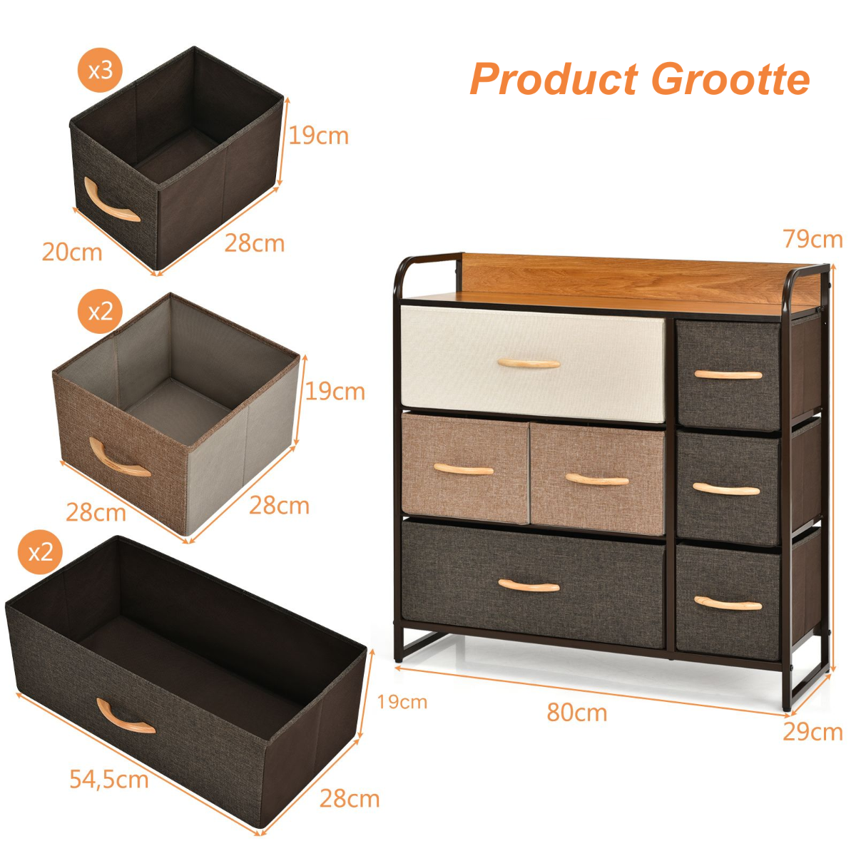 LIVSK Opvouwbare Opbergtoren met 7 Laden - Stevig Stalen Frame - Waterbestendig MDF - Modern Design - 80 x 29 x 79 cm - Bruin