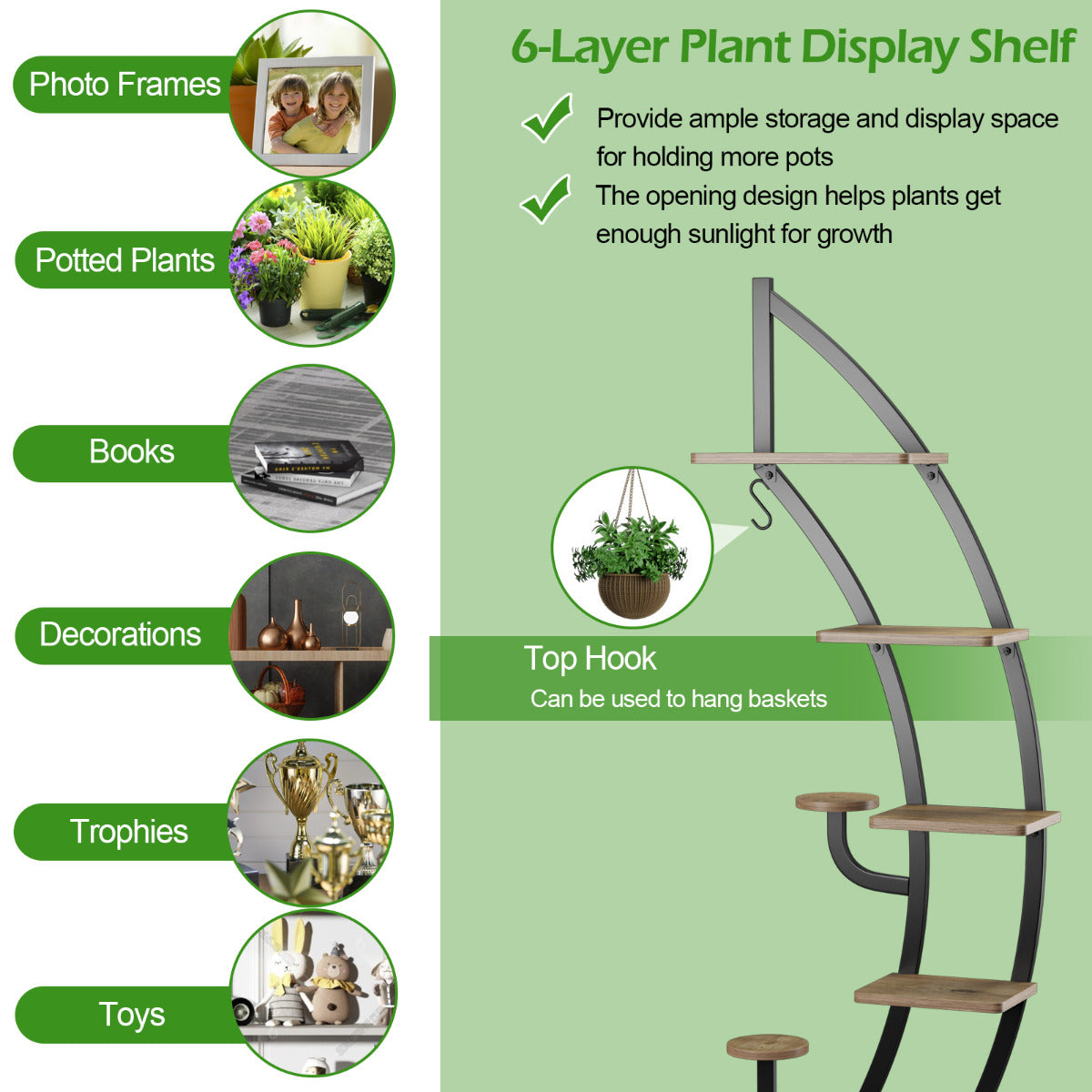 LIVSK 7-laags Metalen Bloemenplank - Gebogen Halve Maan Ontwerp - Stevig Staal met Anti-kantelmechanisme - 60 x 30 x 155 cm -