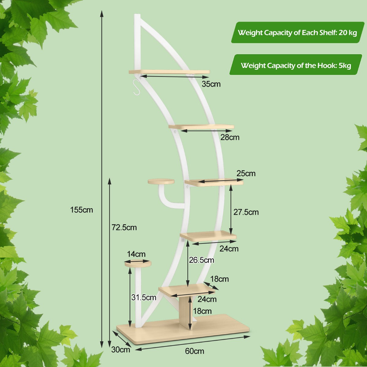 LIVSK Metalen Bloemenplank - 7-Laags Ladderstructuur - Stevig Metalen Frame - Antikantelmechanisme - 60 x 30 x 155 cm - Wit