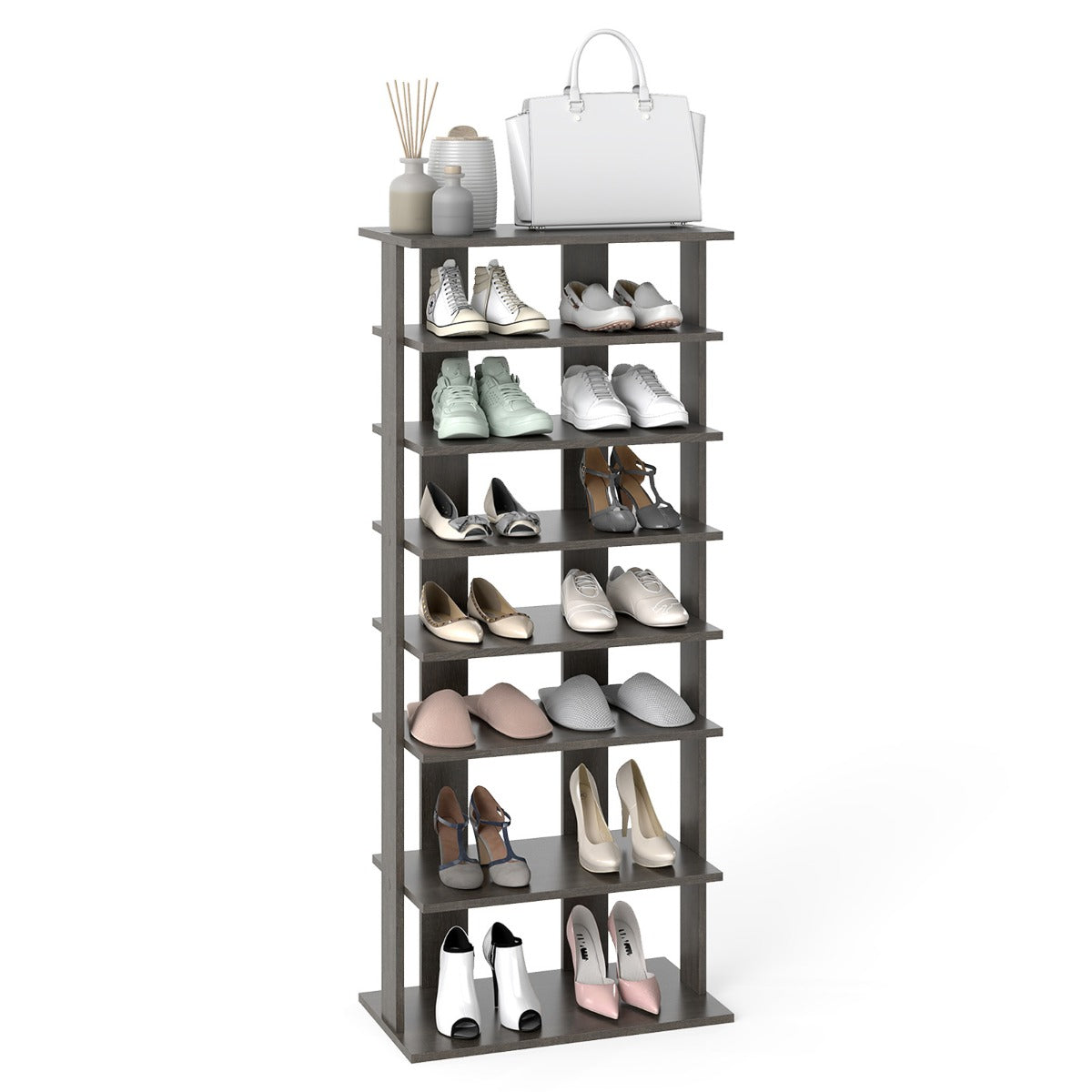 Livsk costway 7 niveaus dubbele rij schoenenrek verticale houten schoenorganizer schoenenopslag 47 x 255 x 110 cm rustiek grijs