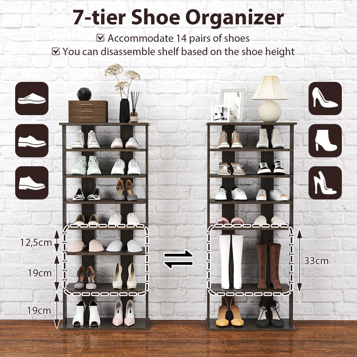 Livsk costway 7 niveaus dubbele rij schoenenrek verticale houten schoenorganizer schoenenopslag 47 x 255 x 110 cm rustiek grijs 3