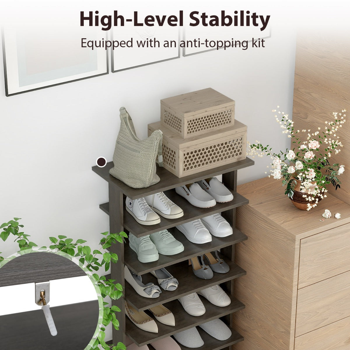 Livsk costway 7 niveaus dubbele rij schoenenrek verticale houten schoenorganizer schoenenopslag 47 x 255 x 110 cm rustiek grijs 5