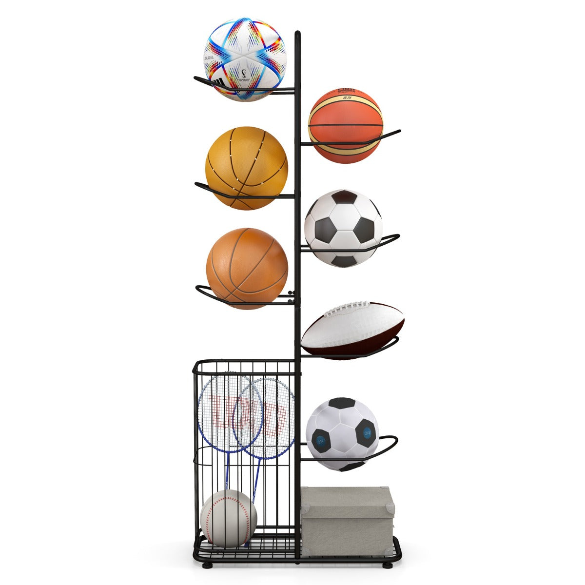 LIVSK Sportuitrusting Organizer - 7 Verwijderbare Stangen - Ballenmand en Bodemplank - Roestbestendig - Zwart