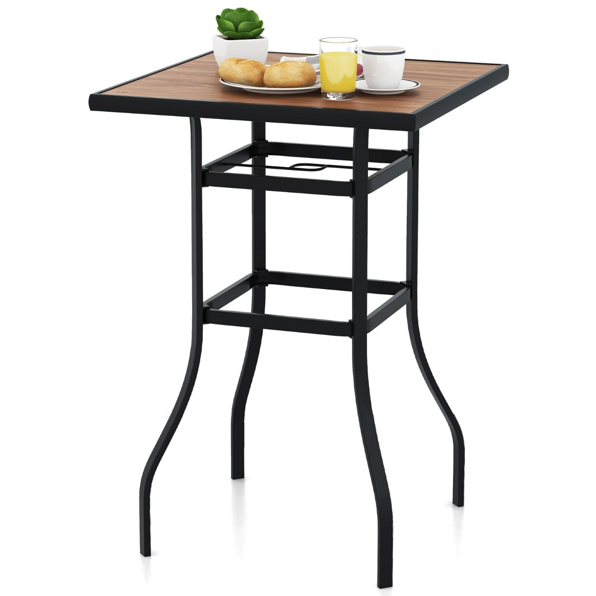 LIVSK Terraseettafel - Kunsthouten Blad - Metalen Frame - Parasolgat 39 mm - Draagvermogen 50 kg - 70 x 70 x 102 cm - Zwart +