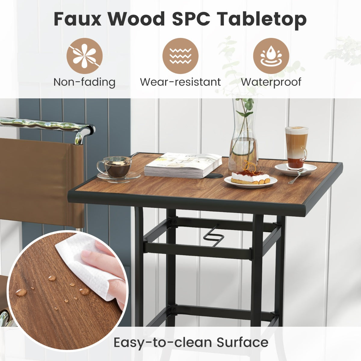 LIVSK Terraseettafel - Kunsthouten Blad - Metalen Frame - Parasolgat 39 mm - Draagvermogen 50 kg - 70 x 70 x 102 cm - Zwart +