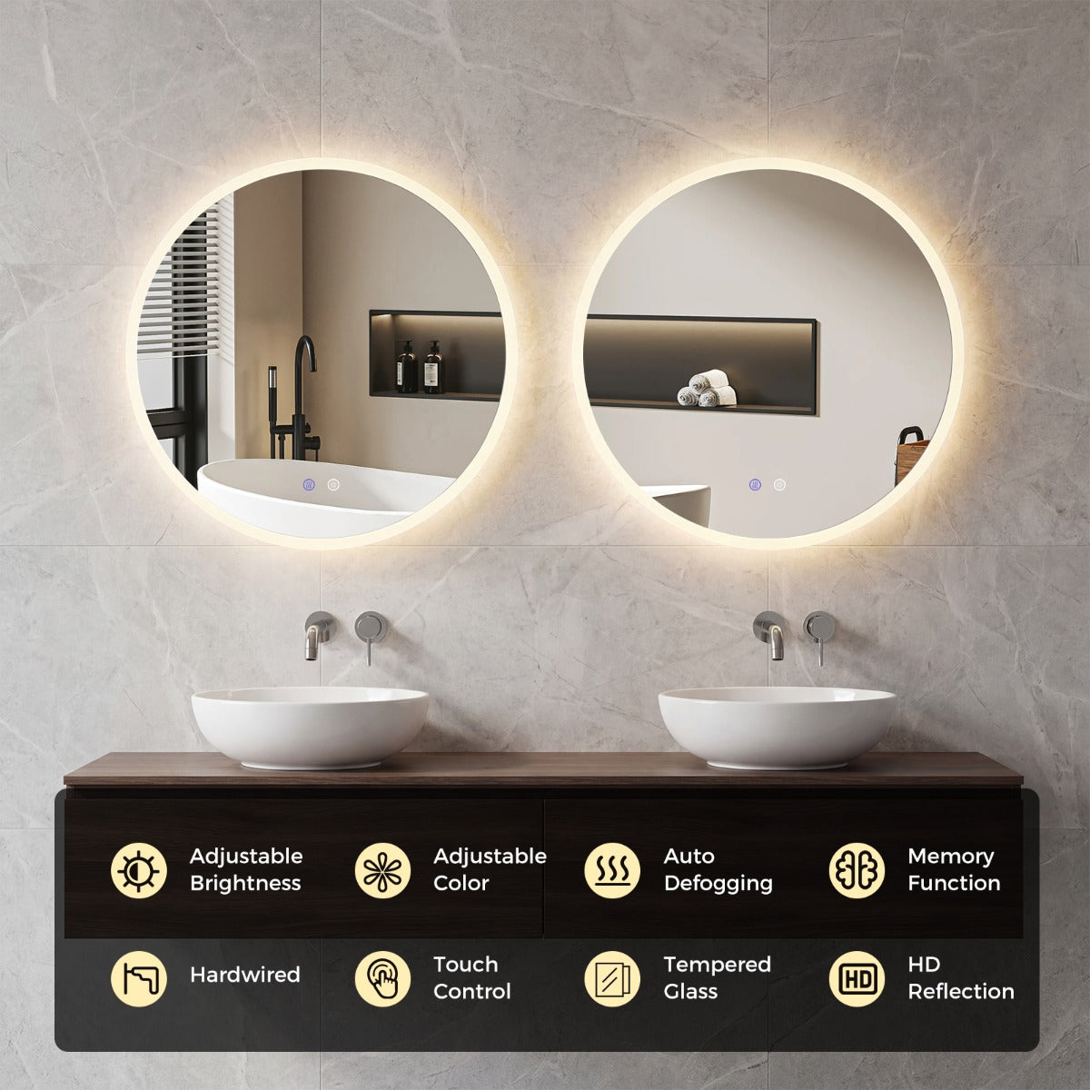 Livsk costway 70 cm ronde led badkamerspiegel wandgemonteerde make upspiegel met achtergrondverlichting en 3 lichtkleuren