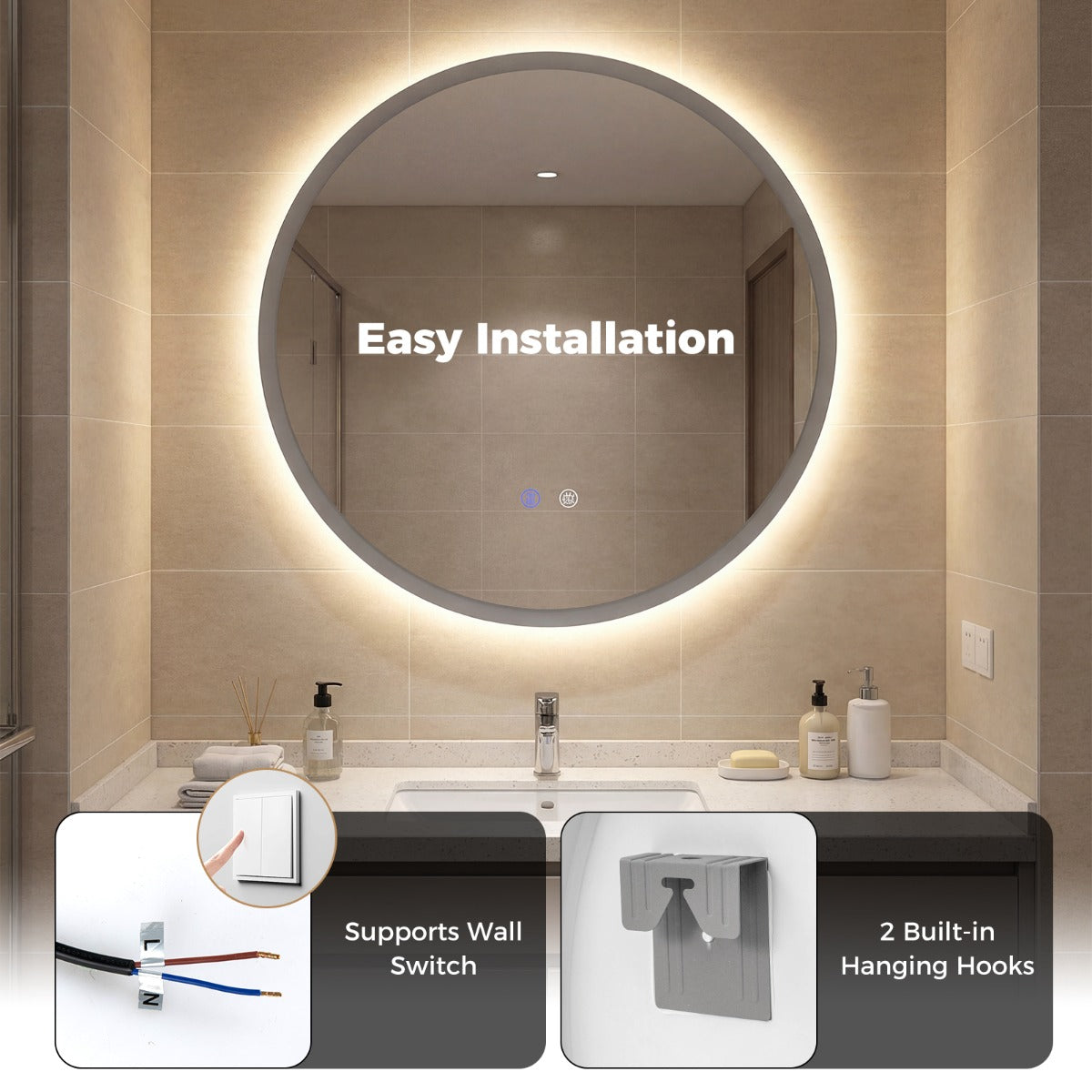 Livsk costway 70 cm ronde led badkamerspiegel wandgemonteerde make upspiegel met achtergrondverlichting en 3 lichtkleuren