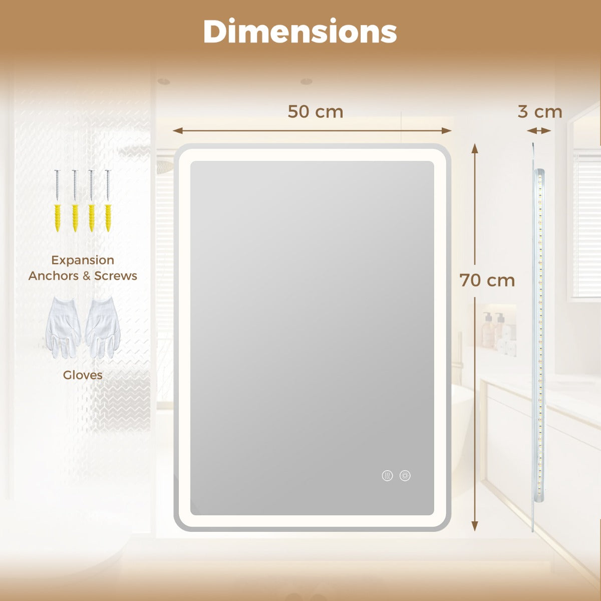 Livsk costway 70 x 50 cm led badkamerspiegel breukvast gehard glas rechthoekige wandspiegel drie kleurtemperatuurinstellingen 1