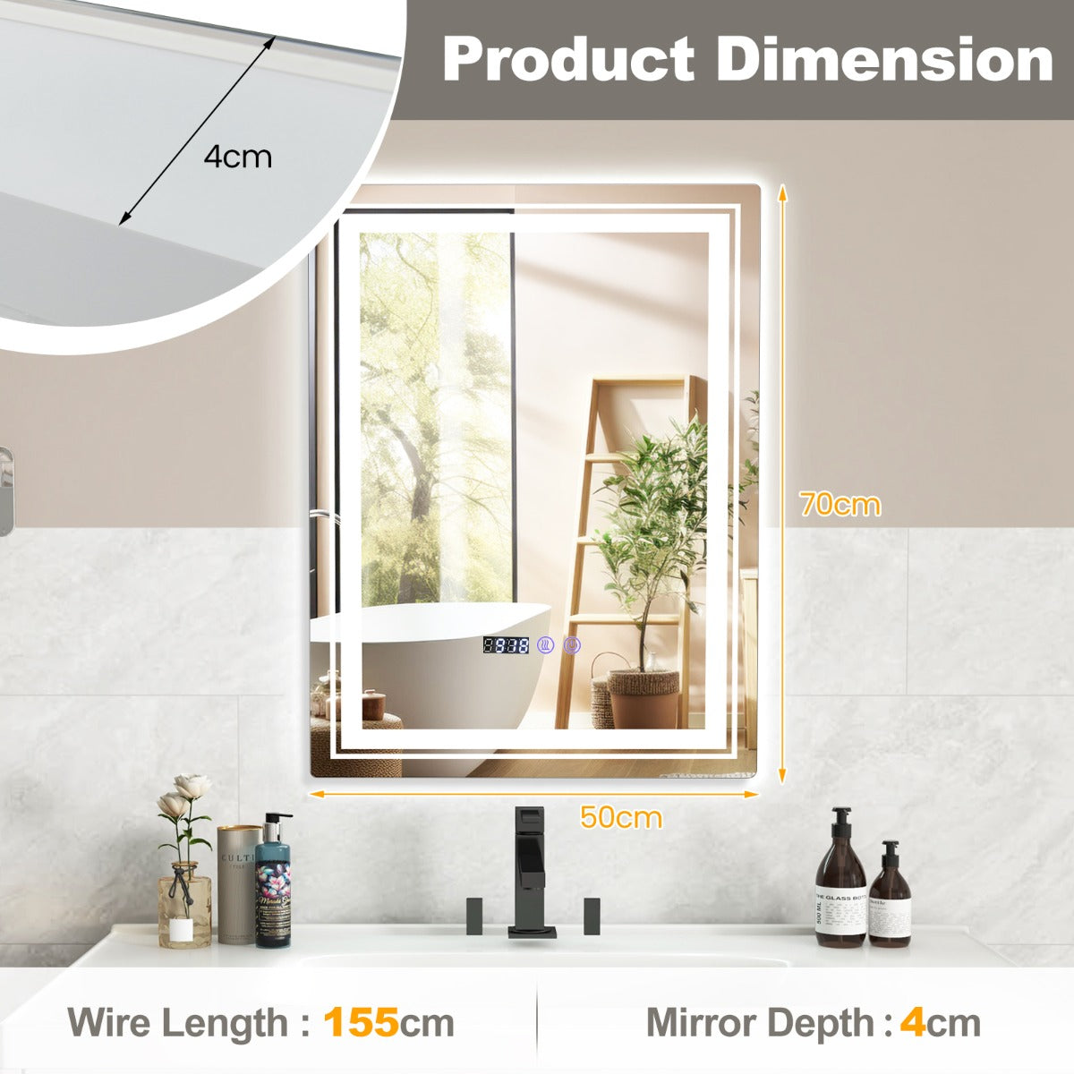 LIVSK Wandspiegel met Automatische Ontwaseming - 3 LED-lichteffecten - Onbreekbaar en Explosieveilig - 70 x 50 x 4 cm - Zilver