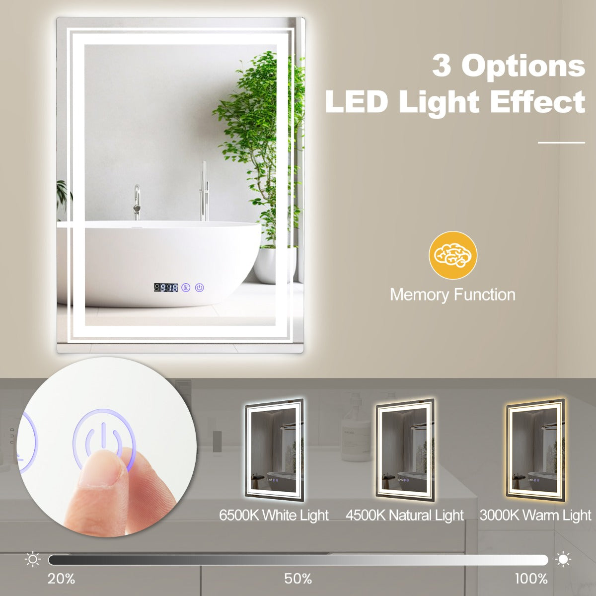 LIVSK Wandspiegel met Automatische Ontwaseming - 3 LED-lichteffecten - Onbreekbaar en Explosieveilig - 70 x 50 x 4 cm - Zilver