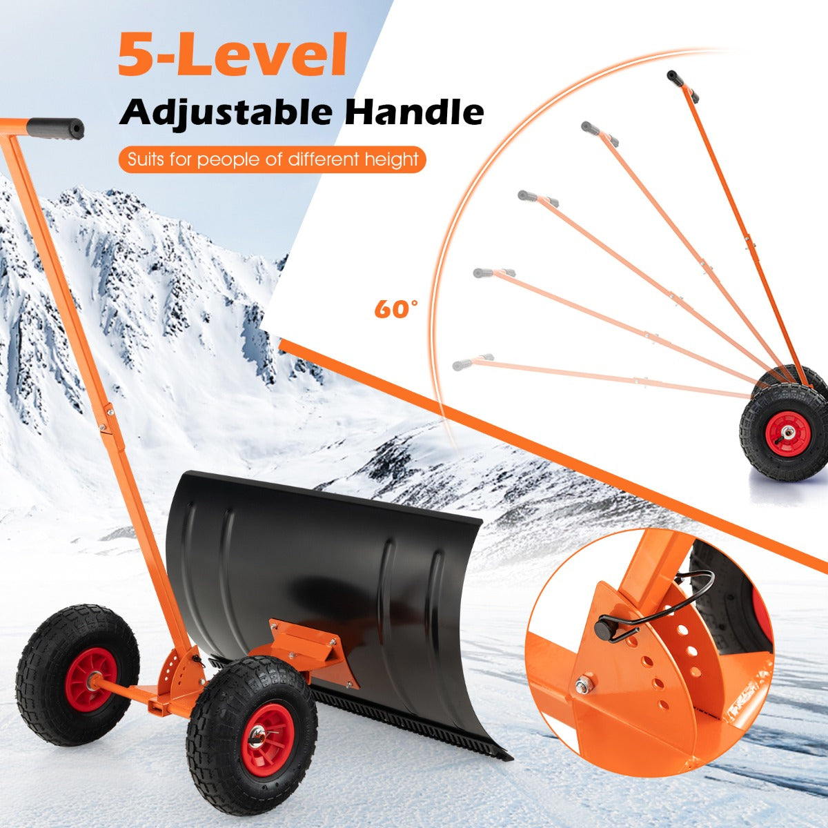 Livsk costway 74 cm metalen sneeuwschuiver met wielen 3