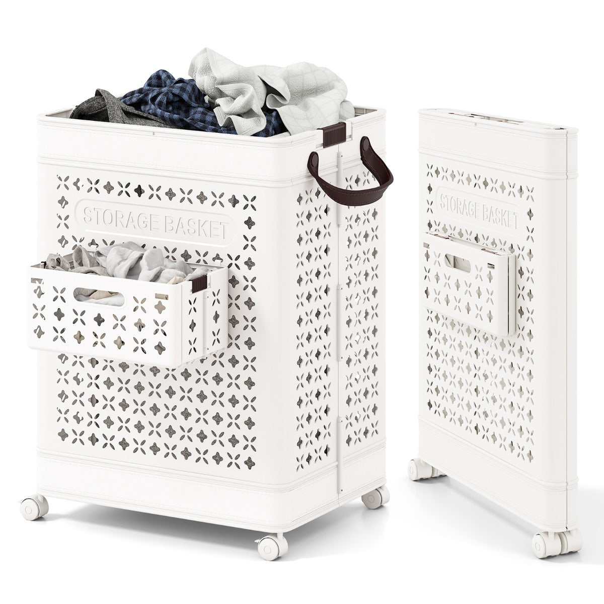 LIVSK Ruimtebesparende Wasmand - 75 L Capaciteit - Opvouwbaar met Wielen - Inclusief Hangmand voor Ondergoed - Wit