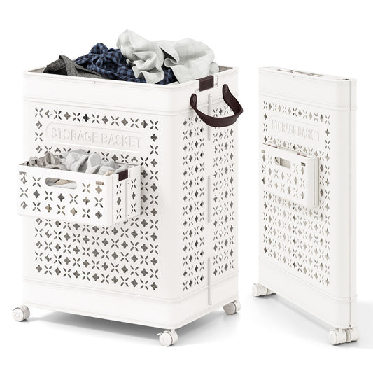 LIVSK Ruimtebesparende Wasmand - 75 L Capaciteit - Opvouwbaar met Wielen - Inclusief Hangmand voor Ondergoed - Wit