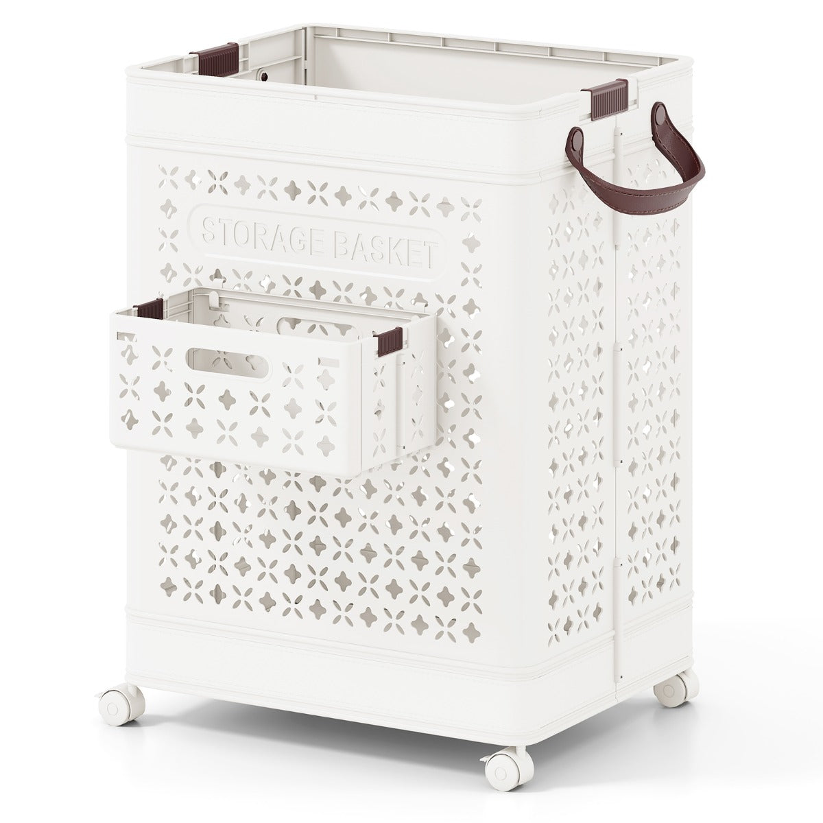 LIVSK Ruimtebesparende Wasmand - 75 L Capaciteit - Opvouwbaar met Wielen - Inclusief Hangmand voor Ondergoed - Wit
