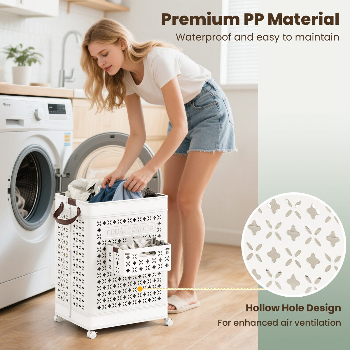 LIVSK Ruimtebesparende Wasmand - 75 L Capaciteit - Opvouwbaar met Wielen - Inclusief Hangmand voor Ondergoed - Wit
