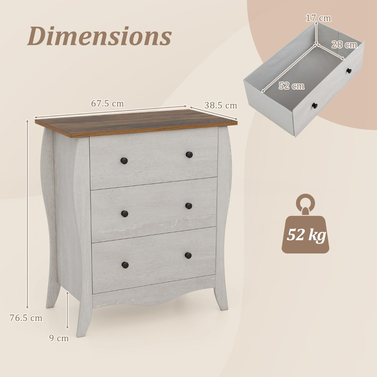 LIVSK Rustieke Ladekast met 3 Lades - Hoogwaardig Materiaal - Anti-Kantelset - Voor Woonkamer Slaapkamer - 67,5 x 38,5 x 76,5 cm
