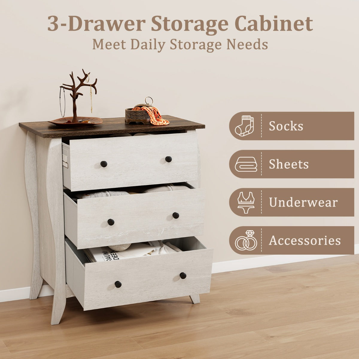 LIVSK Rustieke Ladekast met 3 Lades - Hoogwaardig Materiaal - Anti-Kantelset - Voor Woonkamer Slaapkamer - 67,5 x 38,5 x 76,5 cm