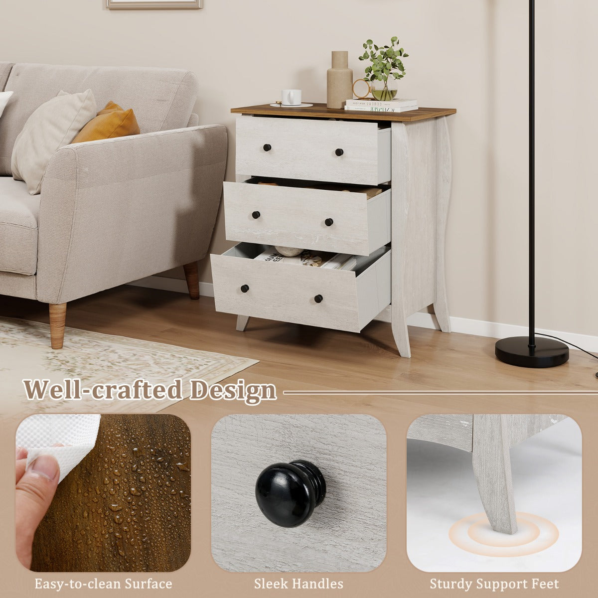 LIVSK Rustieke Ladekast met 3 Lades - Hoogwaardig Materiaal - Anti-Kantelset - Voor Woonkamer Slaapkamer - 67,5 x 38,5 x 76,5 cm